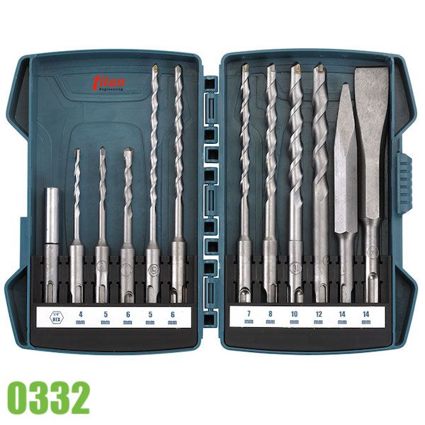 Bộ mũi khoan bê tông 0332, bằng hợp kim, gồm 12 mũi khác nhau.