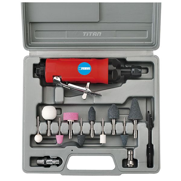 Bộ máy mài trụ bằng khí nén FERVI 0570, gồm 10 mũi mài, 22000 rpm