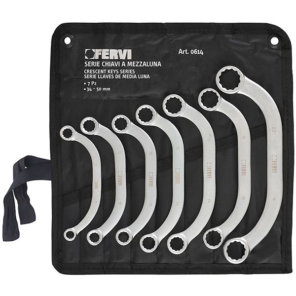 Bộ cờ lê 2 đầu vòng FERVI 0614, kiểu bán nguyệt trong túi nylon