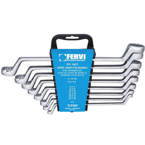 Bộ cờ lê FERVI 0477, 2 đầu vòng 8 cây 6-22mm, loại khủy cao