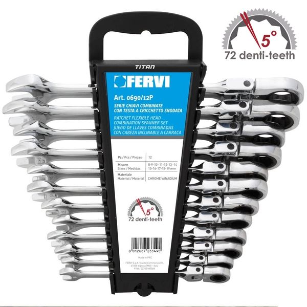 Bộ cờ lê tự động Fervi 0690/12P, đầu gật gù 12 chi tiết 8-19mm