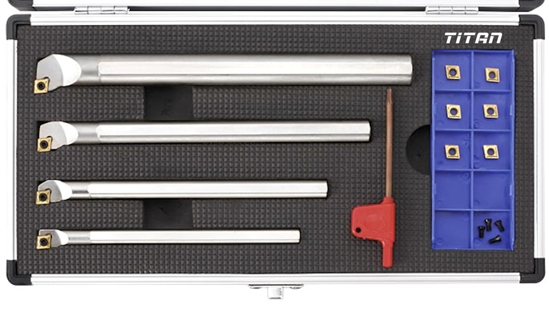 Bộ dao tiện lỗ FERVI KISCLCR gồm các thanh tiện SCLCR08, SCLCR10, SCLCR12, SCLCR16 và mảnh cắt CCMT060204N