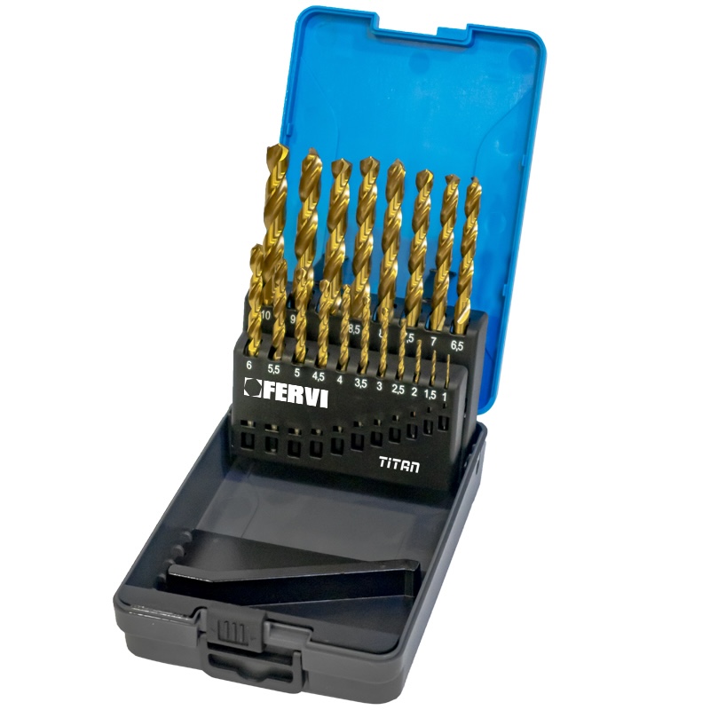 Bộ mũi khoan FERVI P061 gồm 19 chi tiết 1-10 mm, phủ TiN