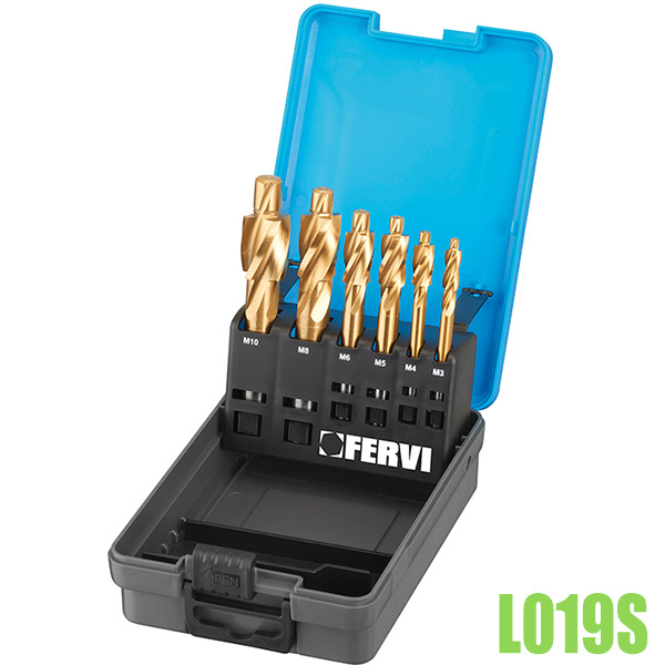 Bộ mũi khoét lỗ Fervi L019S, khoan bậc HSS phủ TiN bulong M3-M10