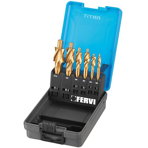 Bộ mũi khoan bậc bulong Fervi L018S, thép HSS phủ TiN, M3-M10