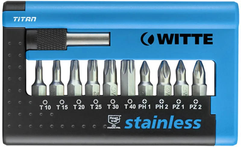Bộ mũi vít WITTE 28461 đầu sao 11 chi tiết, bake và hoa thị, có vỉ treo