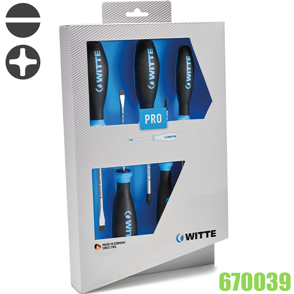 Bộ tô vít dẹt và bake 670039, gồm 05 cây thân tròn cán nhựa Pro