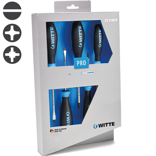 Bộ tua vít 6 cây WITTE 670030 gồm dẹt, bake và hoa thị, lưỡi tròn