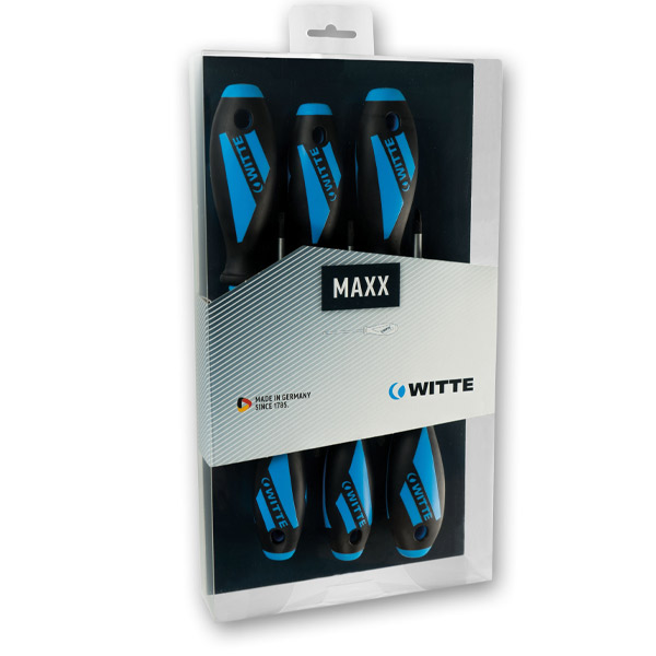 Bộ tua vít WITTE 653833, 06 cây dòng MAXX gồm 4 dẹt và 2 hoa thị