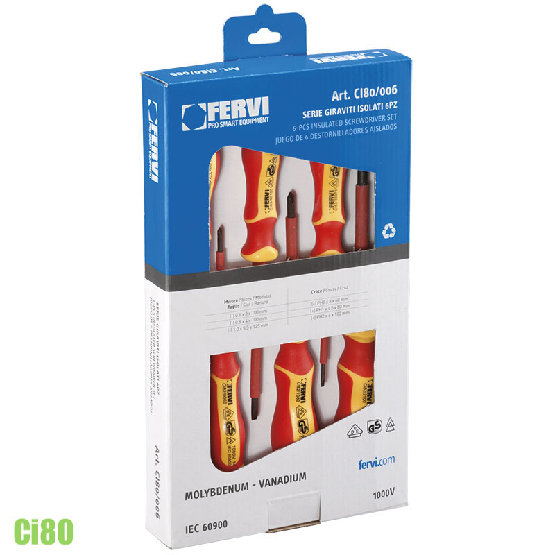 Bộ tuốc nơ vít cách điện 1000V, 6 chi tiết, FERVI CI80/006