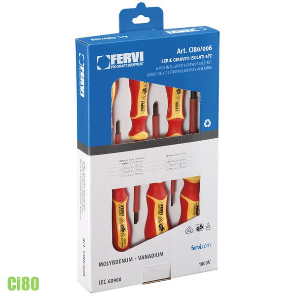 Bộ tuốc nơ vít cách điện 1000V, 6 chi tiết, FERVI CI80/006