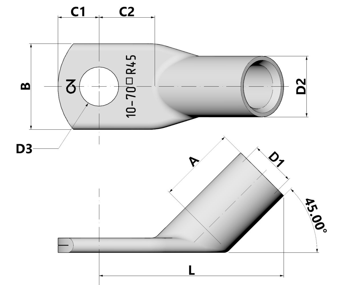 Angle tubular cable lug 45° Cu, 16 mm², M8 thumbnail 2