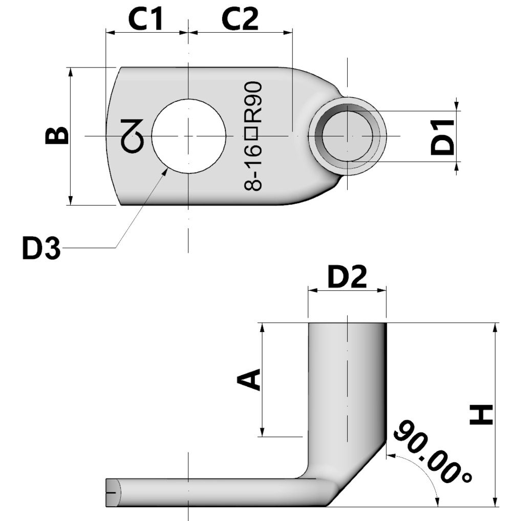 Cọc cáp ống góc 90°, đồng, 120 mm², M8 thumbnail 2