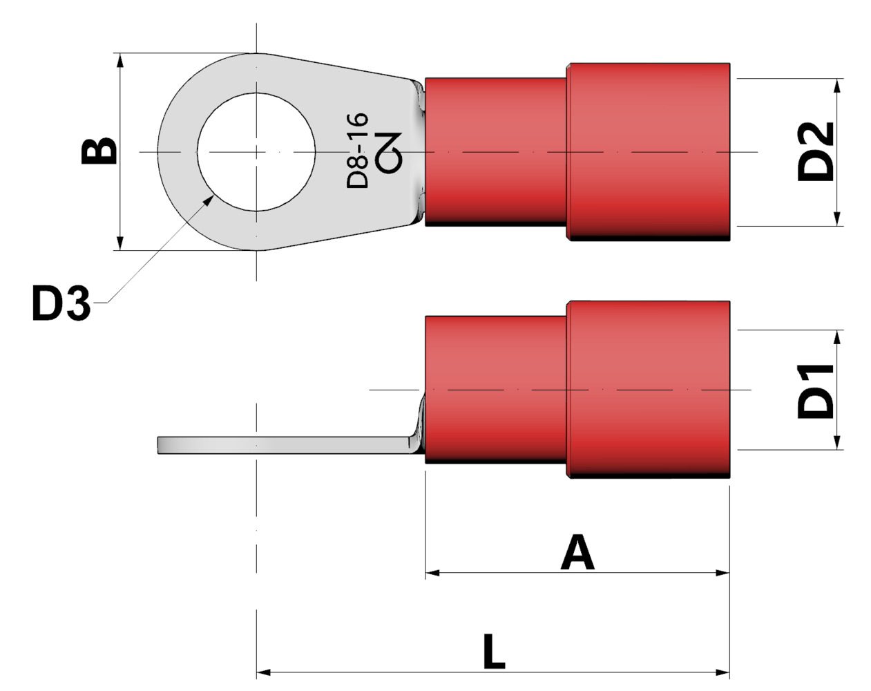 Đầu nối bấm cách điện, hình vòng Cu, tiết diện 0.5 - 1 mm², đinh 6 mm Ø thumbnail 2