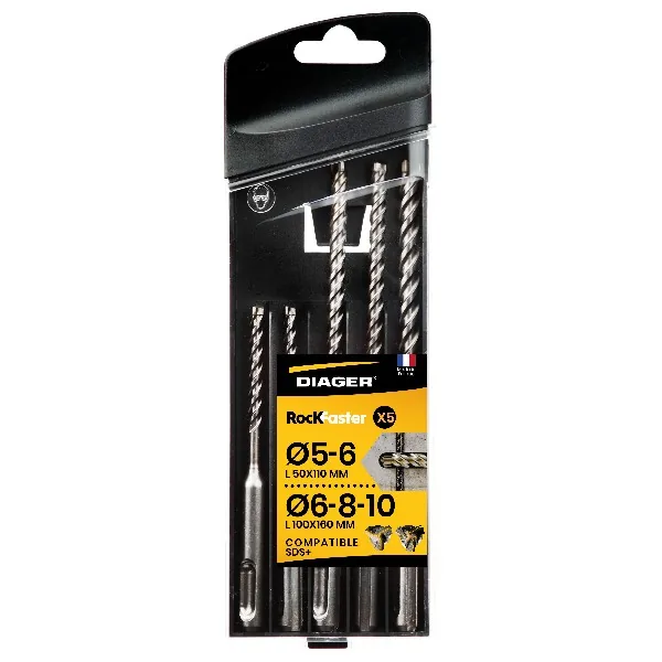 Bộ 5 mũi khoan búa bê tông Ø5-10mm ROCKFASTER DIAGER 1004A, chuôi SDS-Plus