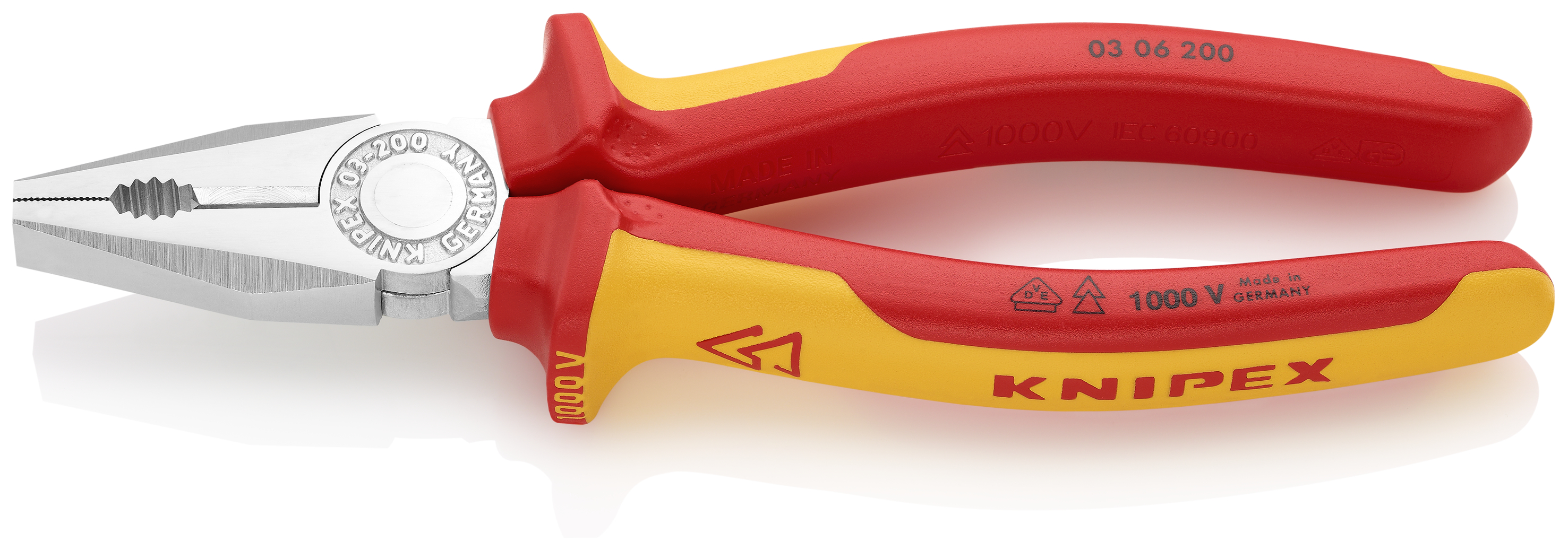 KNIPEX 03 06 200 Combination Pliers 200 mm chrome-plated insulated with multi-component grips, VDE-tested chrome-plated
