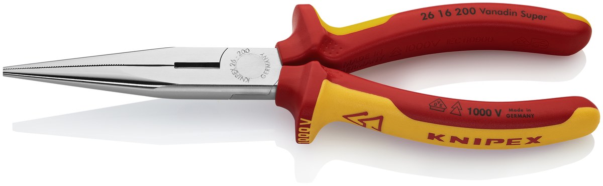 KNIPEX 26 16 200 Snipe Nose Side Cutting Pliers (Stork Beak Pliers) 200 mm chrome-plated insulated with multi-component grips, VDE-tested chrome-plated