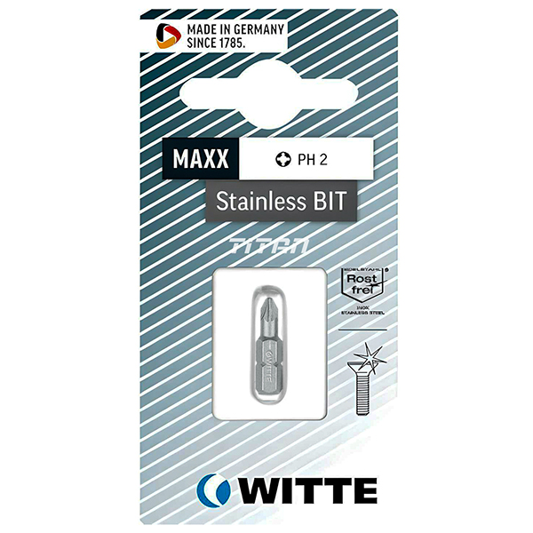 Mũi vặn vít inox đầu PZ 2, WITTE 26521, size 25mm, chuôi 6.3mm