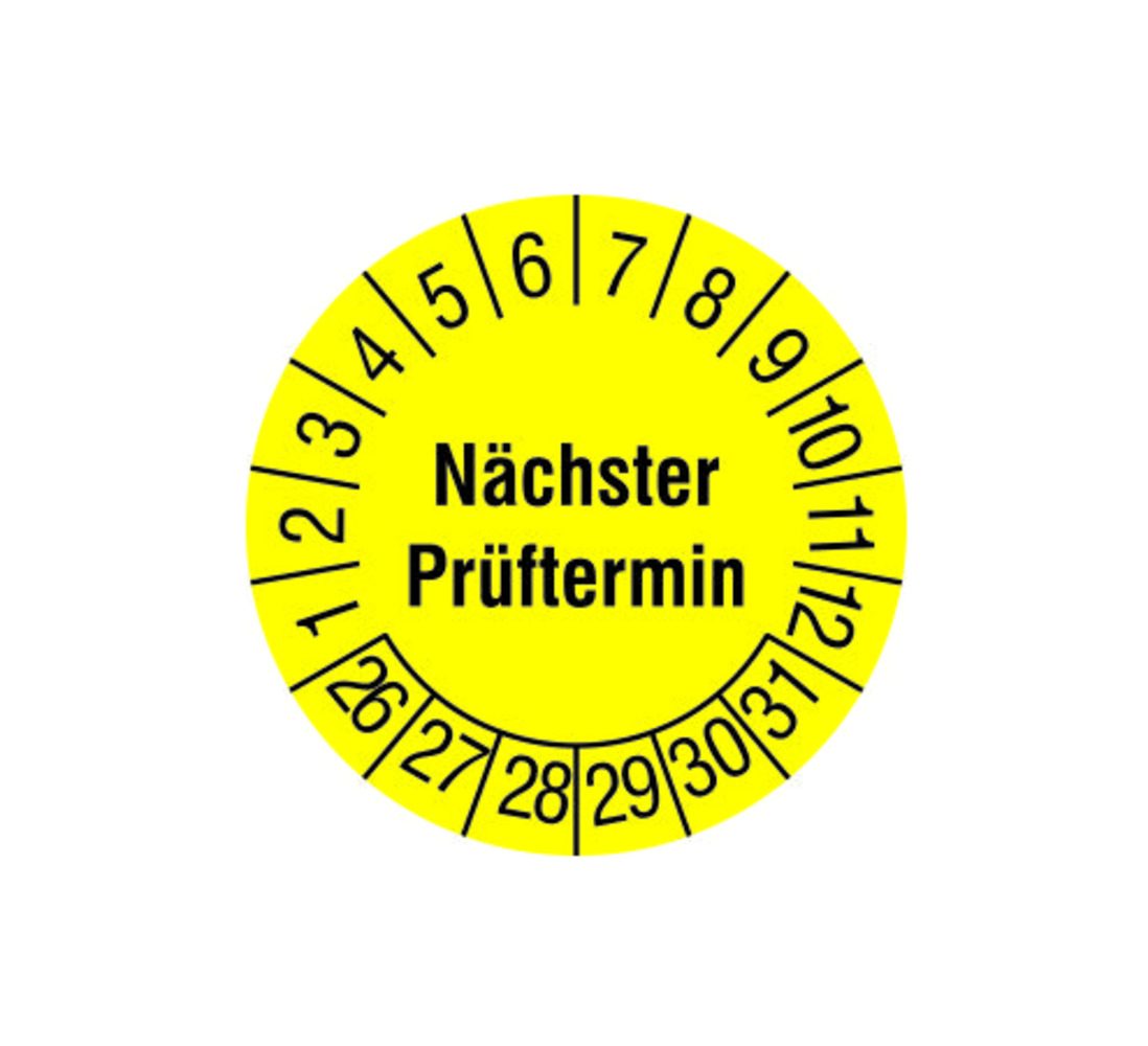 Nhãn kiểm tra "Ngày kiểm tra tiếp theo" - 26-31, ⌀ 30 mm, vàng