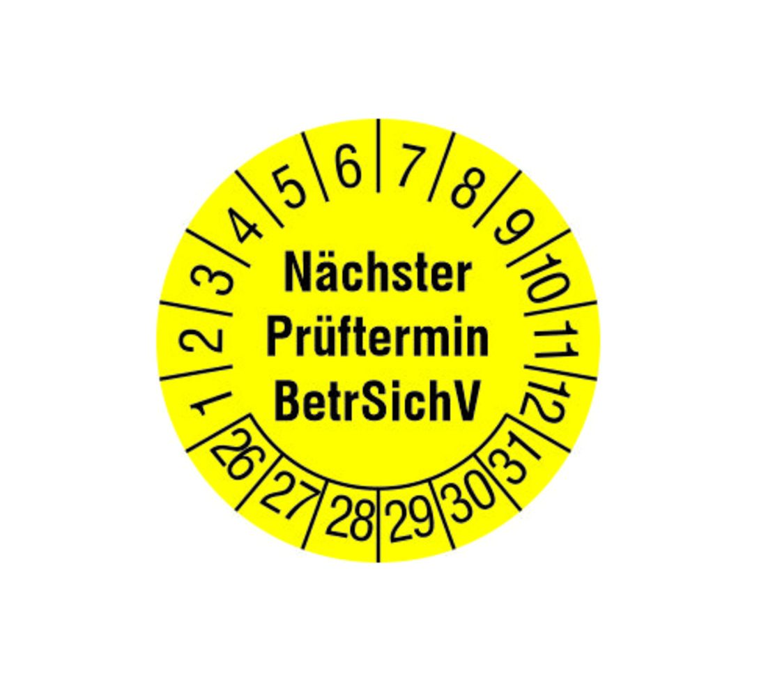 Nhãn kiểm tra "Ngày kiểm tra tiếp theo BetrSichV" - ⌀ 30 mm, vàng (2026-2031)