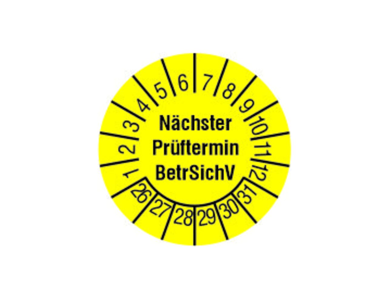 Nhãn kiểm tra "Ngày kiểm tra tiếp theo BetrSichV" - ⌀ 15 mm, vàng (2026-2031)