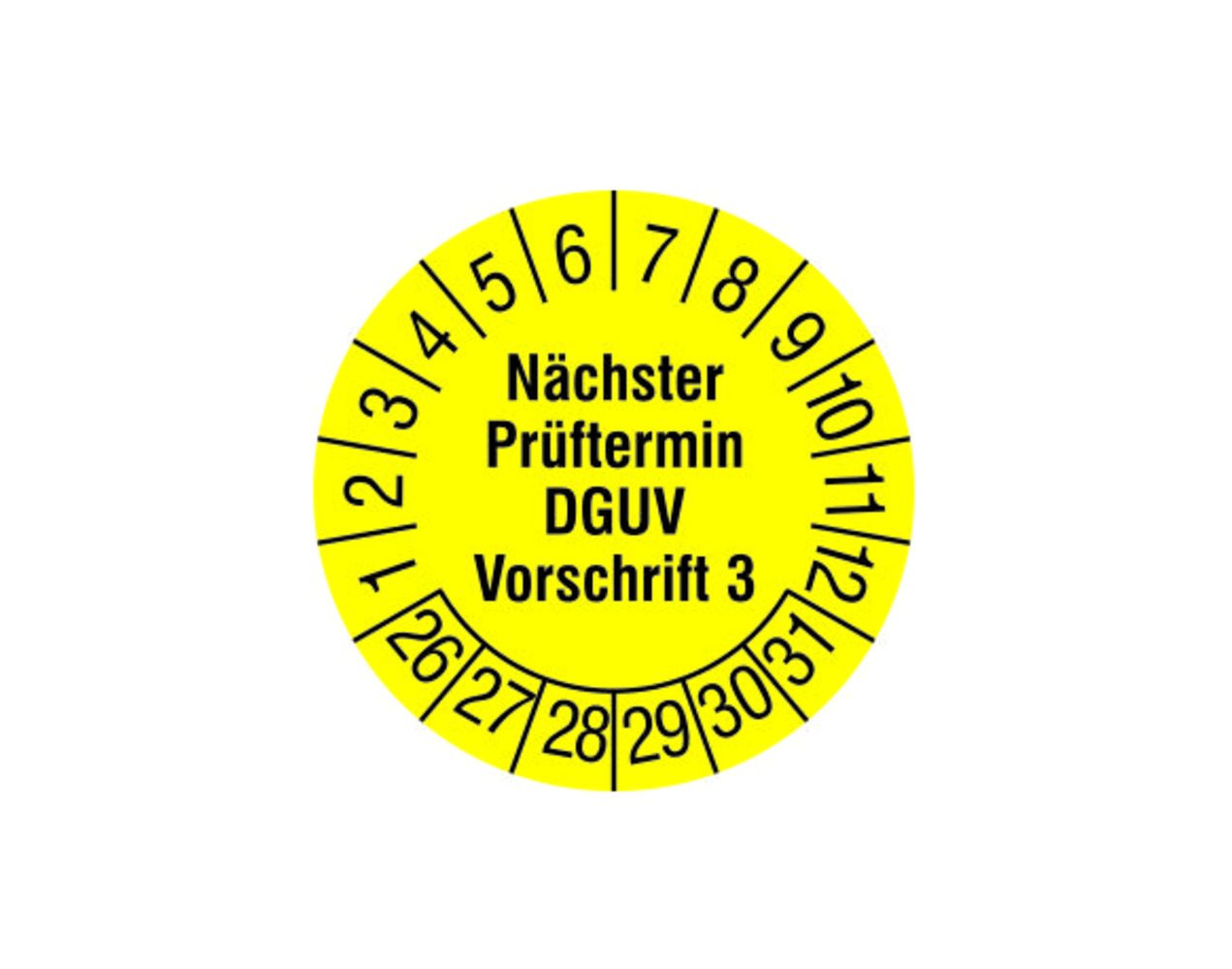 Tem kiểm tra "Ngày kiểm tra tiếp theo DGUV Quy định 3," 26 - 31, màu vàng