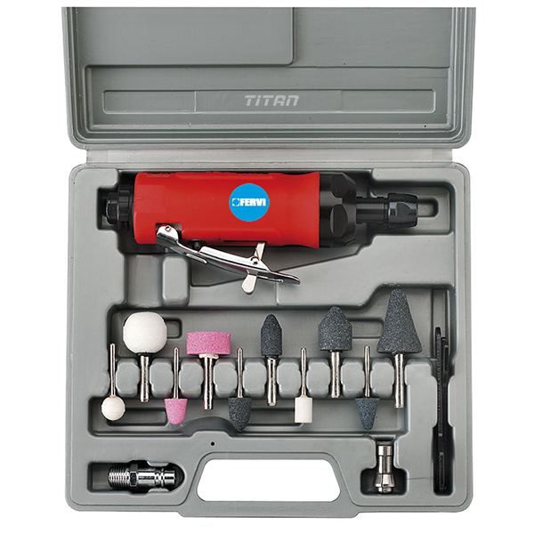 Bộ máy mài trụ bằng khí nén FERVI 0570, gồm 10 mũi mài, 22000 rpm