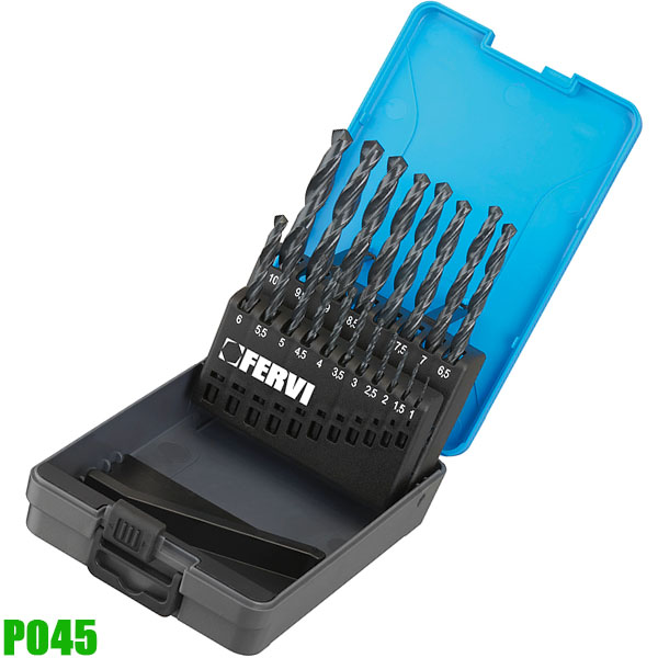 Bộ mũi khoan kim loại P045, 19 chi tiết 1-10mm HSS. Fervi P045