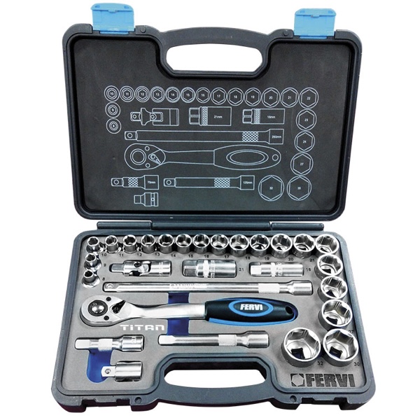 Bộ tuýp FERVI S328 gồm 28 chi tiết từ 8-32mm, vuông 1/2 inch