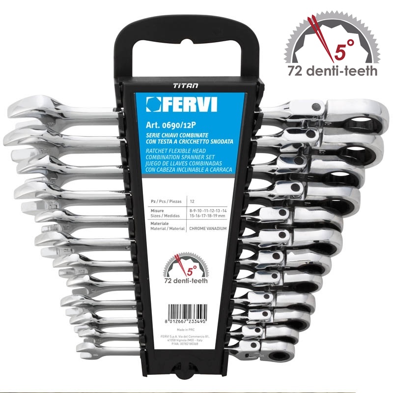 Bộ cờ lê tự động Fervi 0690/12P, đầu gật gù 12 chi tiết 8-19mm