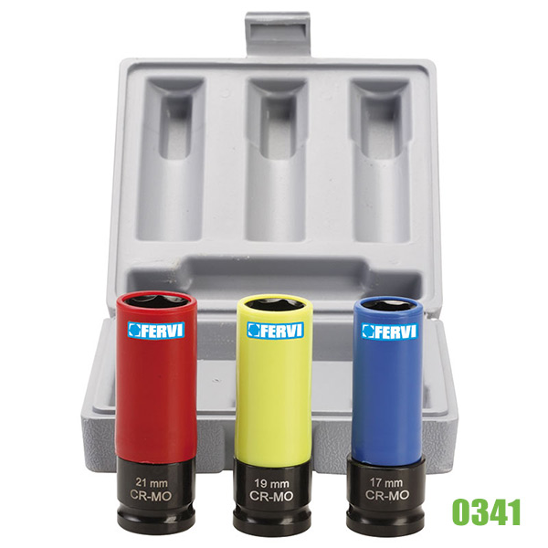 Bộ đầu tuýp 0341, vỏ nhựa 3 màu, vuông 1/2', chống trầy ốc Fervi