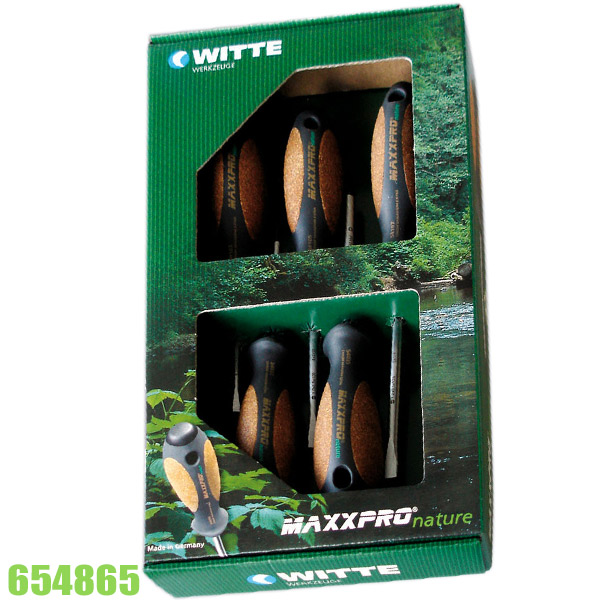 Bộ tua vít 654865 cán vỏ sồi 5 cây dẹt và bake MAXXPRO hàng Đức