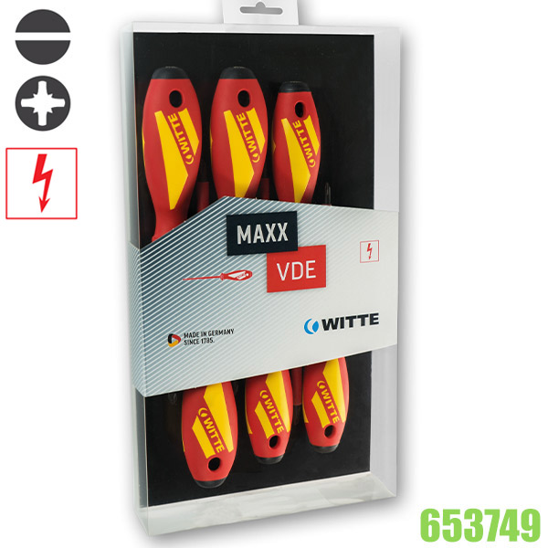 Bộ tua vít cách điện 1000V 653749, 6 cây dẹt và hoa thị WITTE hàng Đức