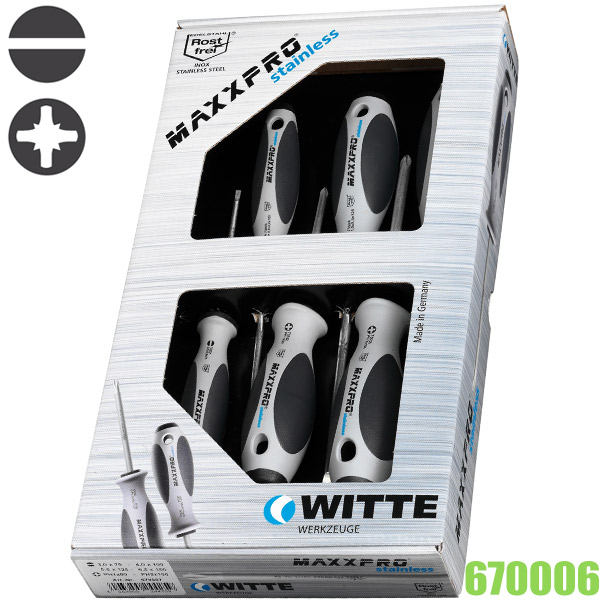 Bộ tua vít inox 6 cây dẹt và hoa thị 670006, cán nhựa đúc WITTE - Đức