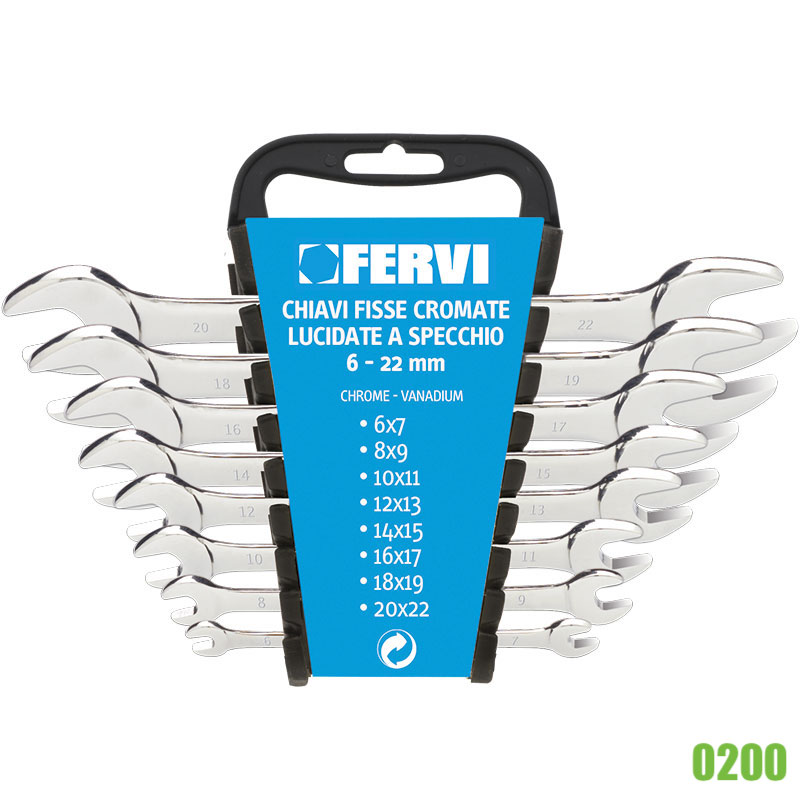 Bộ cờ lê FERVI 0200, loại 2 đầu miệng 8 chi tiết 6-22mm, nhập từ Ý.