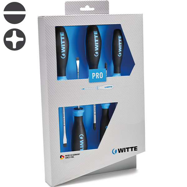 Bộ tô vít dẹt và bake WITTE 670040 gồm 06 cây thân tròn họ Pro