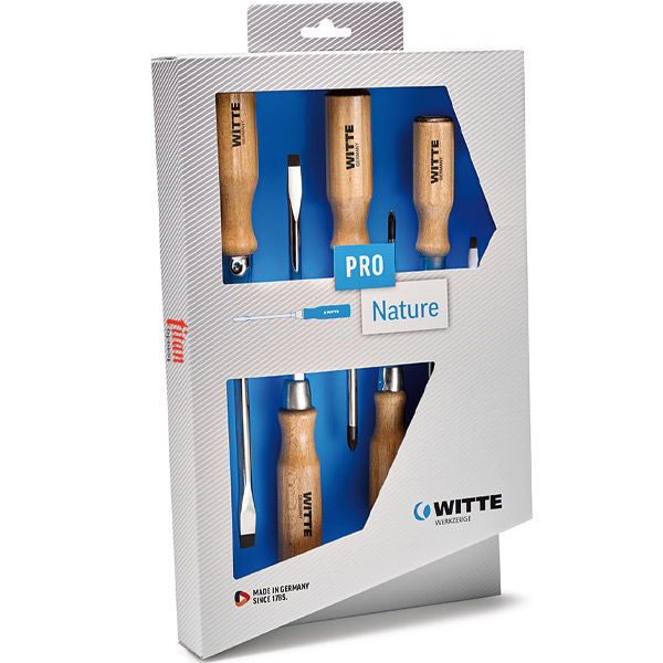 Bộ tua vít cán gỗ WITTE 620326 gồm 6 cây, 4 dẹt và 2 bake, gốc lục lăng