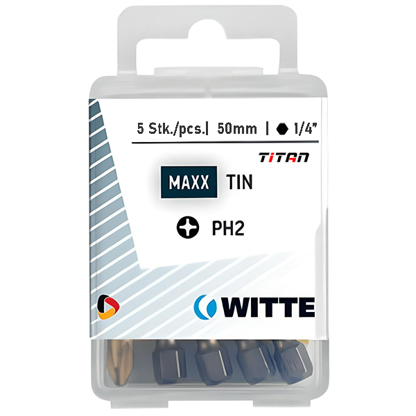 Hộp 5 mũi vít bake PH 2 WITTE 427552, dài 50mm chuôi lục giác