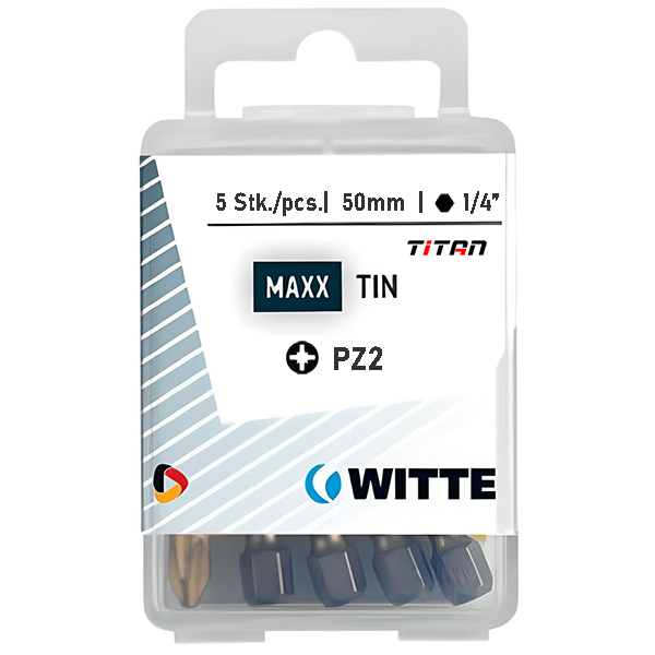 Hộp 5 mũi vít hoa thị PZ 2 WITTE 427542, dài 50mm, thân lục giác